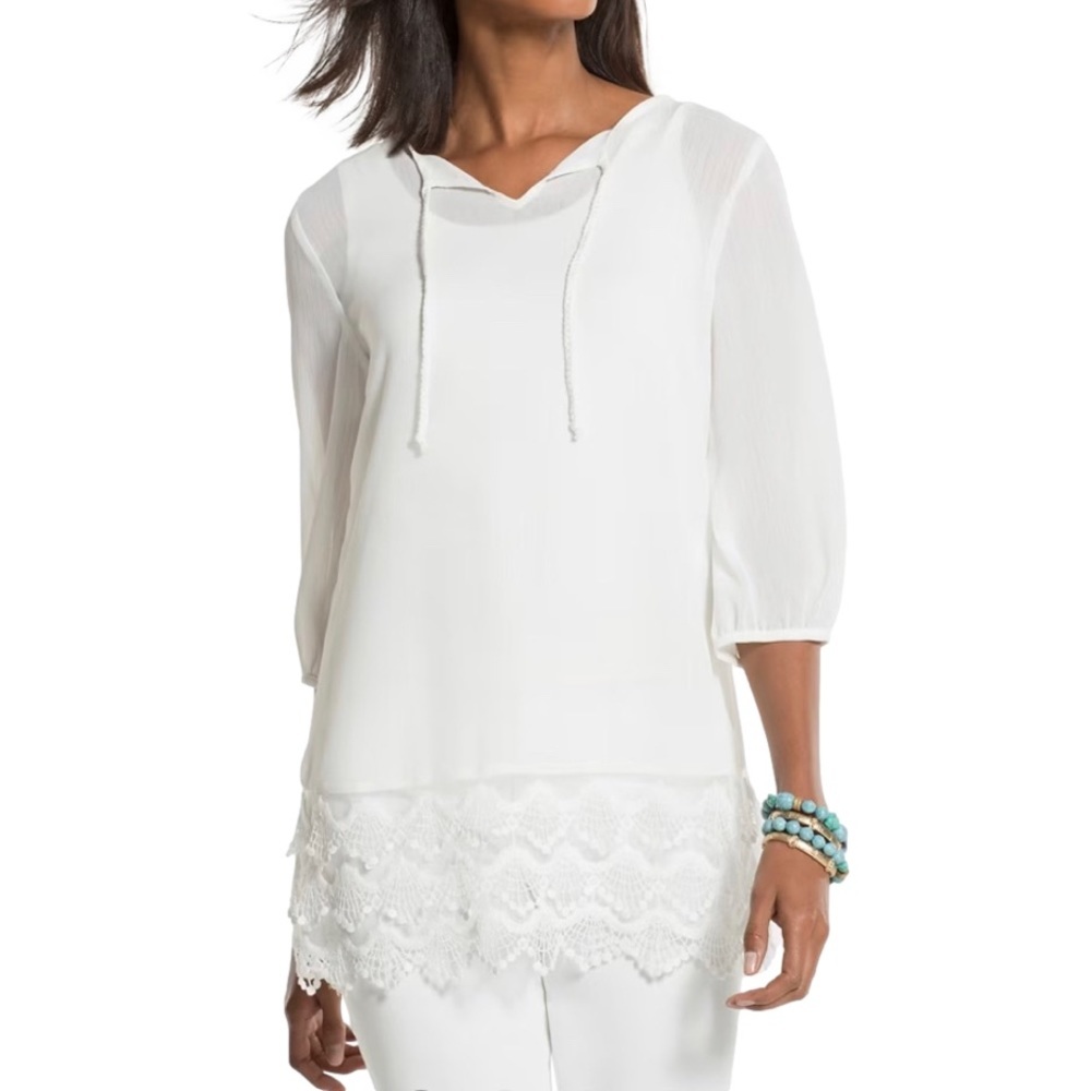 Chico's Juliet Sheer Peasant Top Crocheted Hem Notched Neckline 3 Lightweight